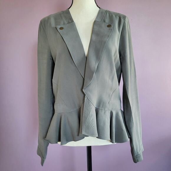 BCBGeneration Sage Green Open Front Buttoned Lapel Peplum Ruffle Hem Jacket - Picture 1 of 16